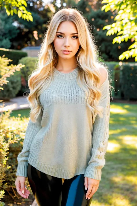 S432_BekeJacoba, long hair, smiling, modern photo, (blonde hair), (wearing black edgPO pullover, edgPO), <lora:edgPullovers:1>, (wearing leggings), (cowboy shot), (35mm, F/2.8) Photo Focus, DOF, Aperture, insanely detailed and intricate, character, hypermaximalist, beautiful, revealing, appealing, attractive, amative, hyper realistic, super detailed, beautiful girl, ((detailed eyes)), long eyelashes, (glossy lips), standing in the garden, daytime, sunny, bright lighting, modeling