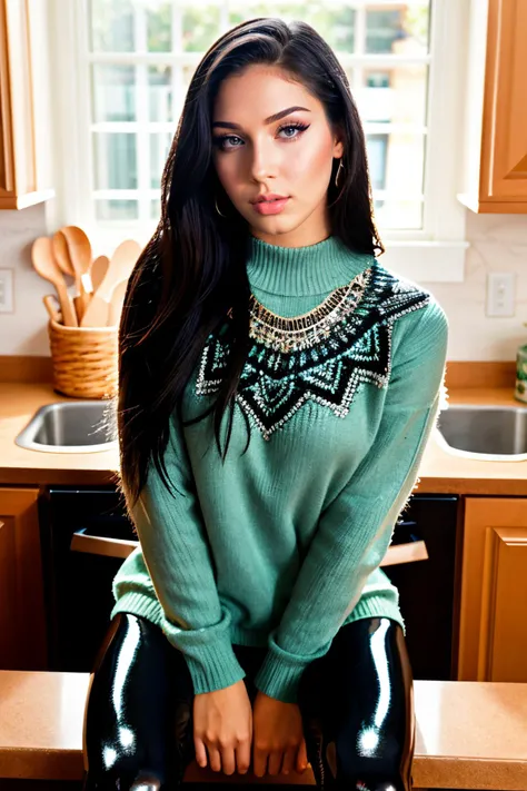 S432_BekeJacoba, long hair, smiling, modern photo, (black hair), (wearing edgPO pullover, edgPO), <lora:edgPullovers:1>, (wearing leggings), (cowboy shot), (35mm, F/2.8) Photo Focus, DOF, Aperture, insanely detailed and intricate, character, hypermaximalist, beautiful, revealing, appealing, attractive, amative, hyper realistic, super detailed, beautiful girl, ((detailed eyes)), long eyelashes, winged eyeliner, (glossy lips), sitting in the kitchen, daytime, bright lighting, modeling