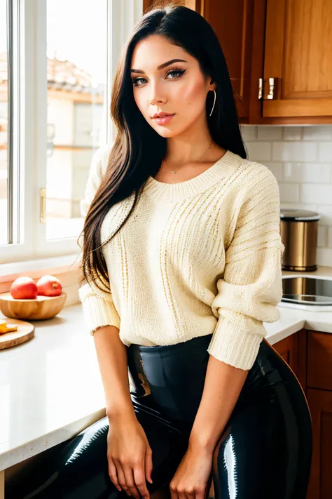 S432_BekeJacoba, long hair, smiling, modern photo, (black hair), (wearing edgPO pullover, edgPO), <lora:edgPullovers:1>, (wearing leggings), (cowboy shot), (35mm, F/2.8) Photo Focus, DOF, Aperture, insanely detailed and intricate, character, hypermaximalist, beautiful, revealing, appealing, attractive, amative, hyper realistic, super detailed, beautiful girl, ((detailed eyes)), long eyelashes, winged eyeliner, (glossy lips), sitting in the kitchen, daytime, bright lighting, modeling