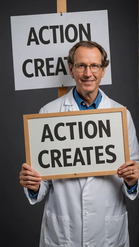 Photo of Scientist with sign that says "action creates"