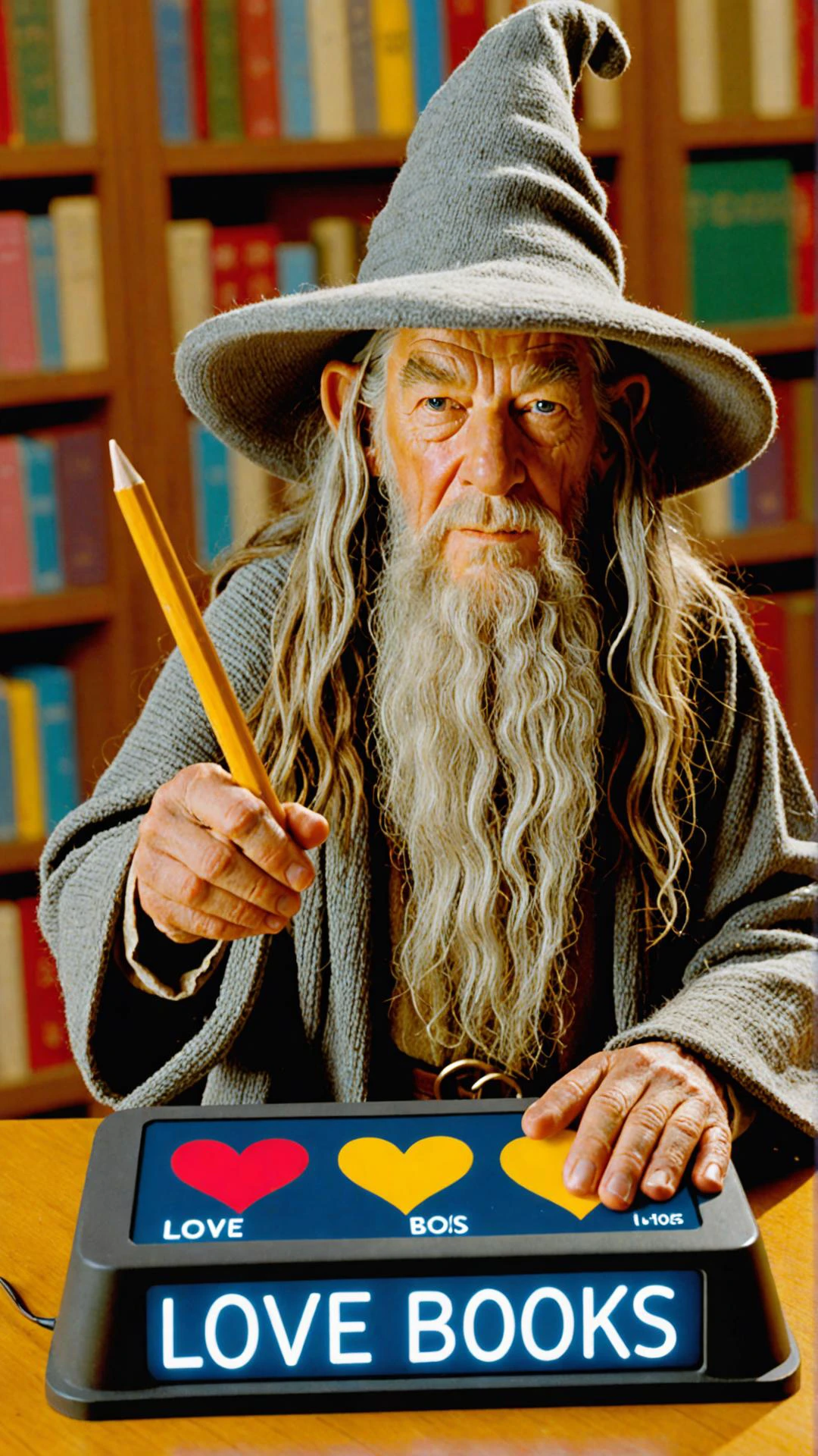 Photo of Gandalf with electronic display that says "i love books"