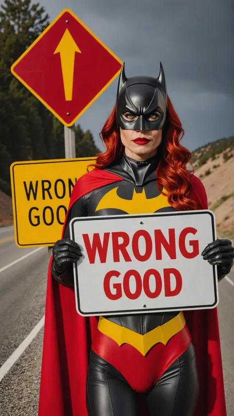 Photo of batwoman with road sign that says "wrong or good"