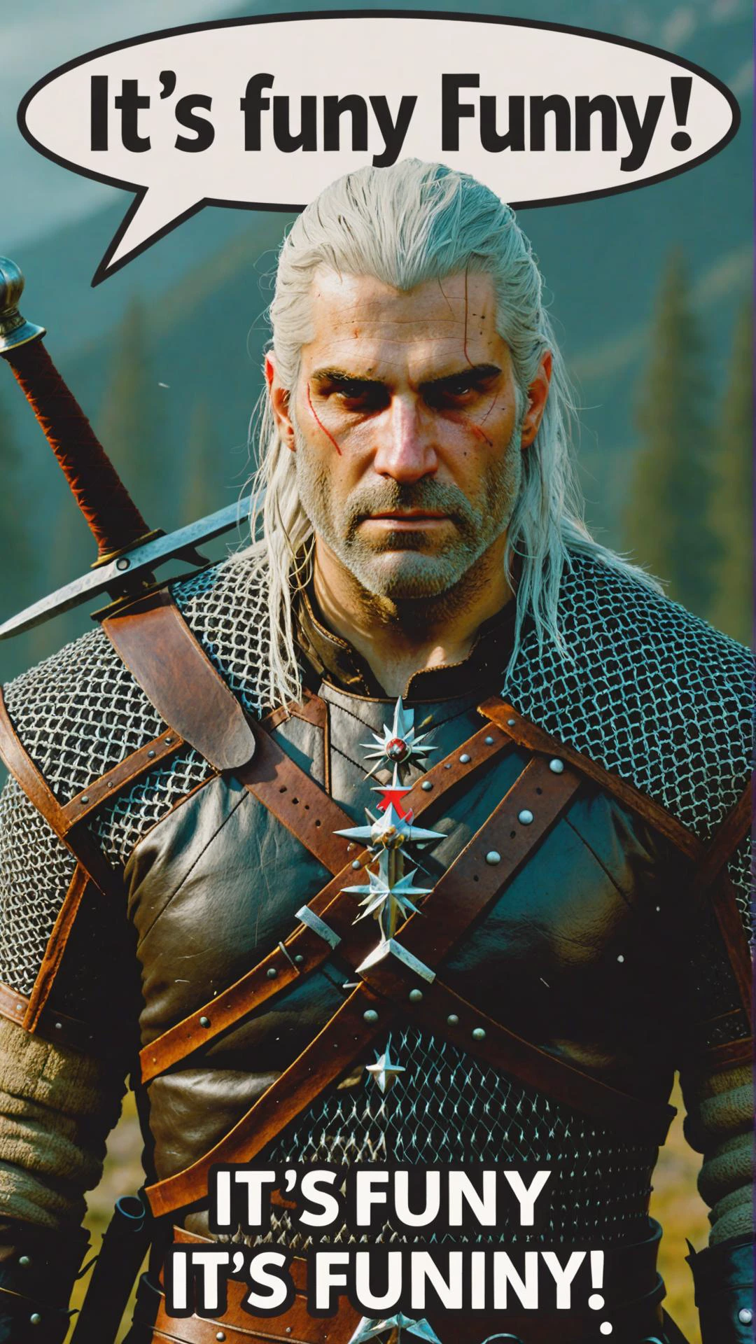 Photo of Geralt of Rivia with text bubble that says "it's funny"