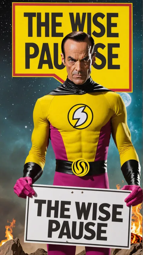 Photo of Sinestro with sign that says "the wise pause"