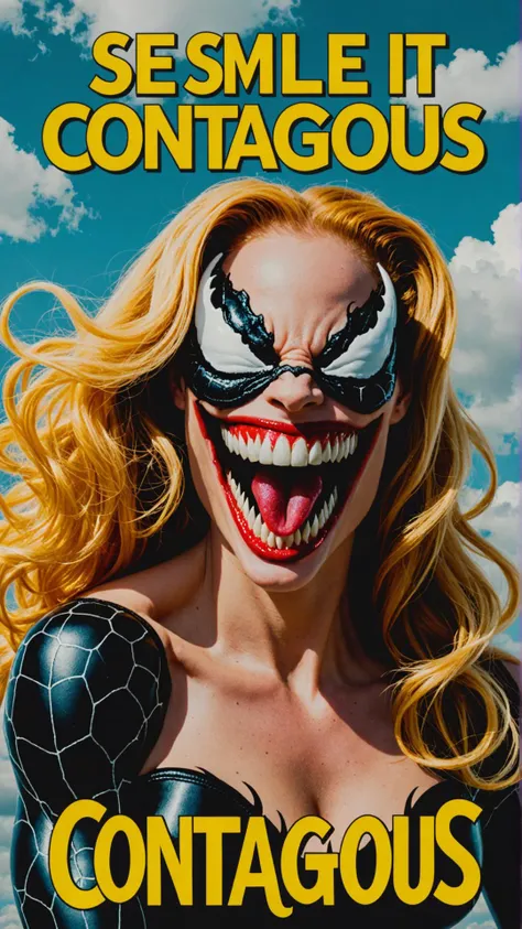 Photo of she-venom with cloud text that says "Smile it's contagious"