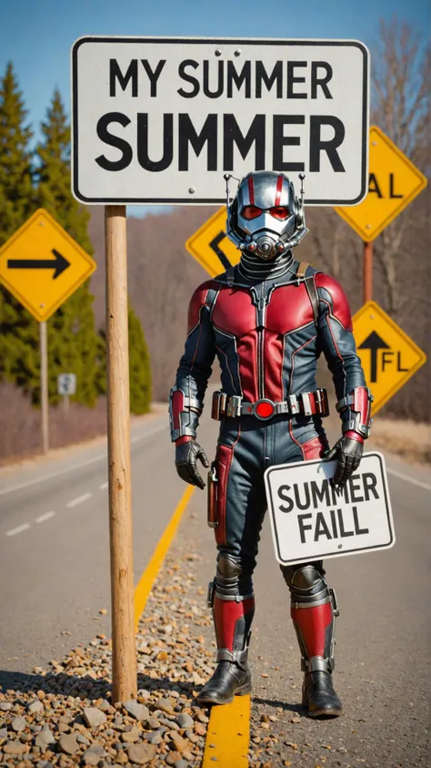 Photo of ant-man with road sign that says "my summer-winter-fall"