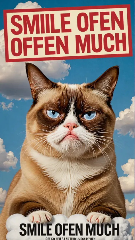 Photo of Grumpy Cat with cloud sign that says "Smile often laugh much"