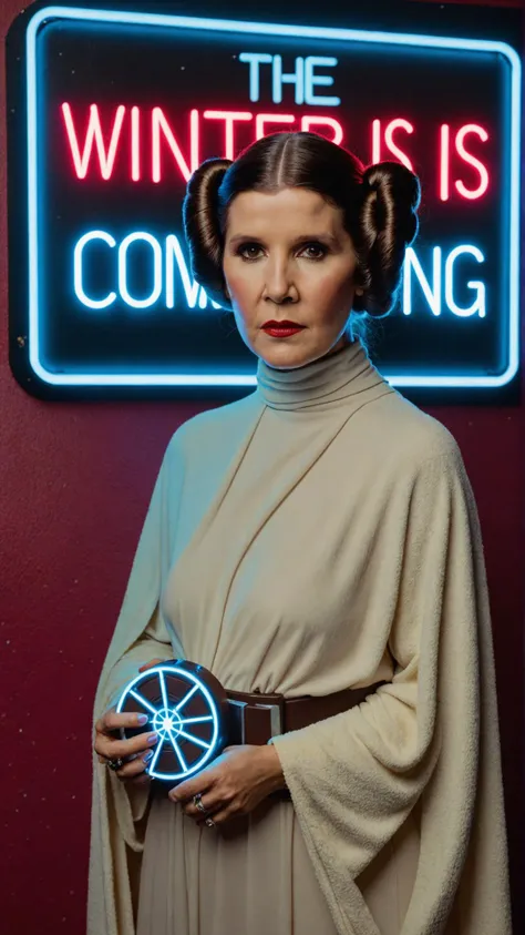 Photo of Princess Leia Organa with neon sign that says  "winter is coming"