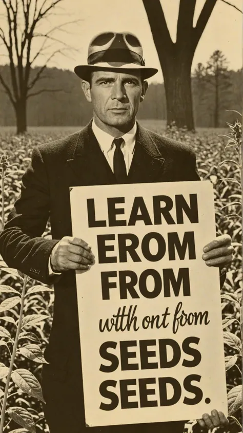 Photo of Secret Agent with sign that says "learn from seeds"