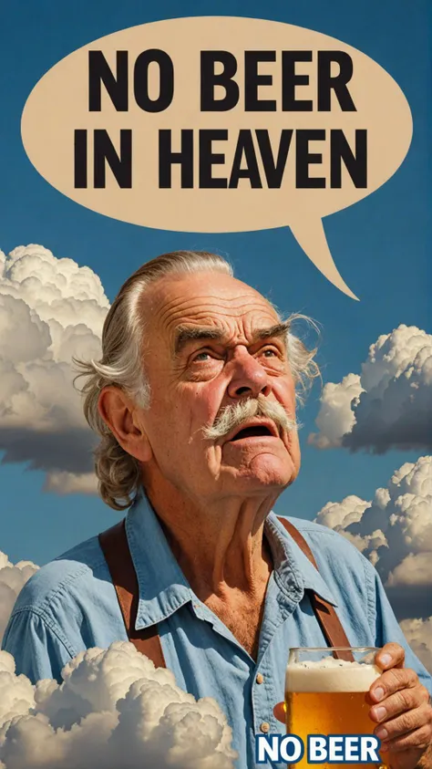 Photo of grumpy old man in clouds with cloud text bubble that says "no beer in heaven"