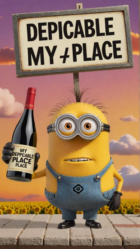 Photo of Gru (from "Despicable Me") with cloud sign that says "Wine: my happy place"