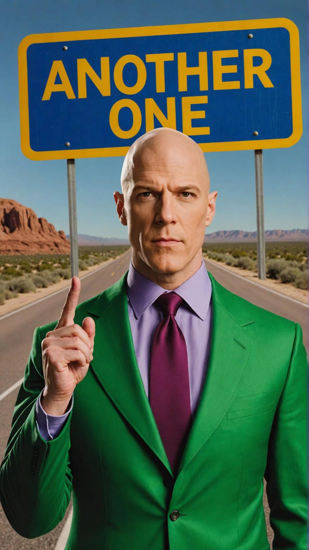 Photo of lex luthor with road sign that says "another one"