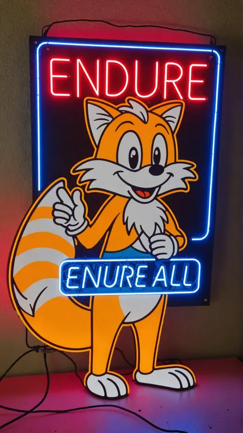 Photo of Tails with neon sign that says "endure all always"