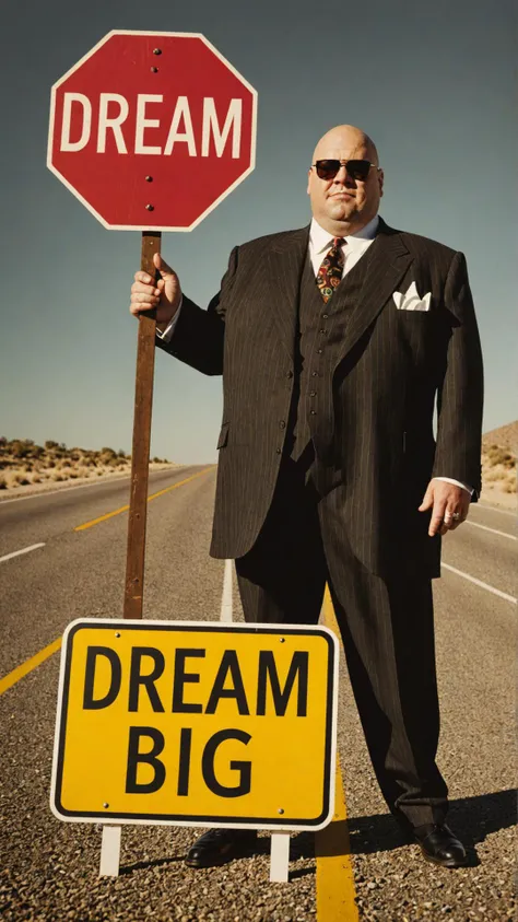 Photo of the kingpin with road sign that says "dream big"