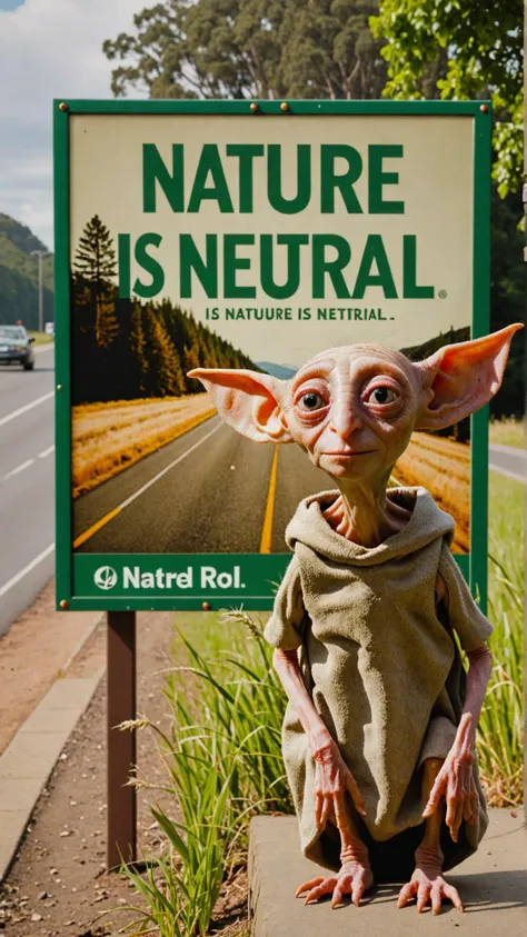 Photo of Dobby with road billboard that says "nature is neutral"