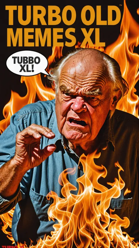 Photo of Grumpy old man burning in hell with text bubble that says "turbo memes xl"