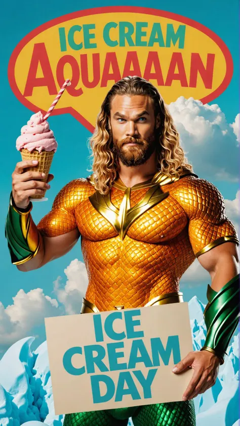 Photo of aquaman with cloud sign that says "Ice cream all day"