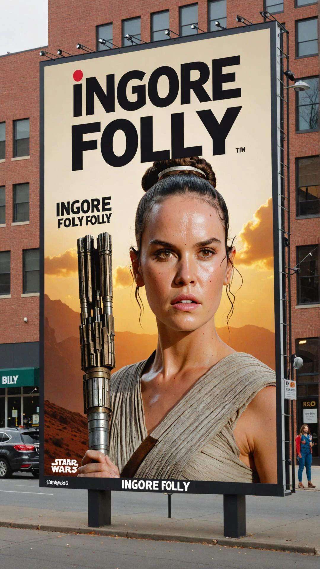 Photo of Rey with billboard that says "ignore folly"