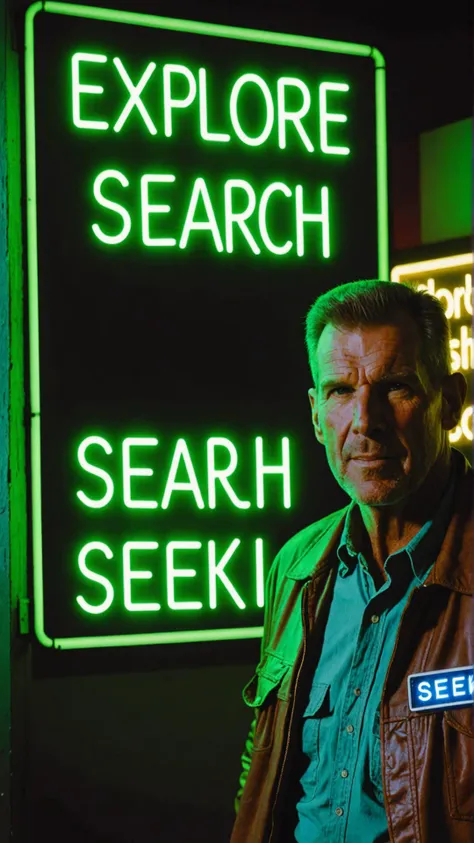 Photo of Rick Deckard with neon sign that says  "explore search seek"