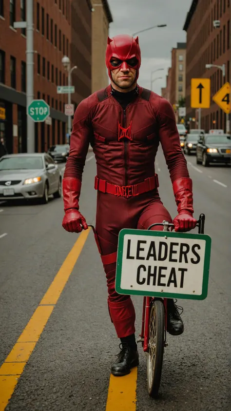 Photo of daredevil with road sign that says "leaders don't cheat"