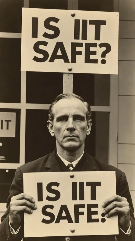 Photo of Janus with signage that says "is it safe"