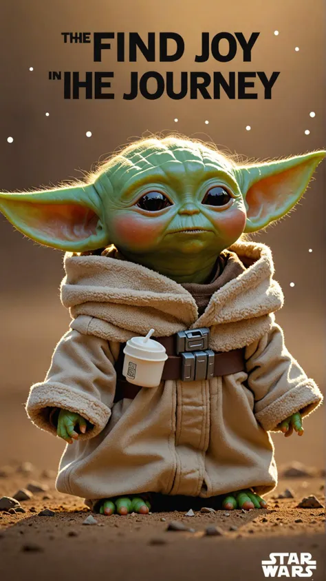 Photo of  Yoda (The Child from "The Mandalorian") with cloud text bubble that says "Find joy in the journey"