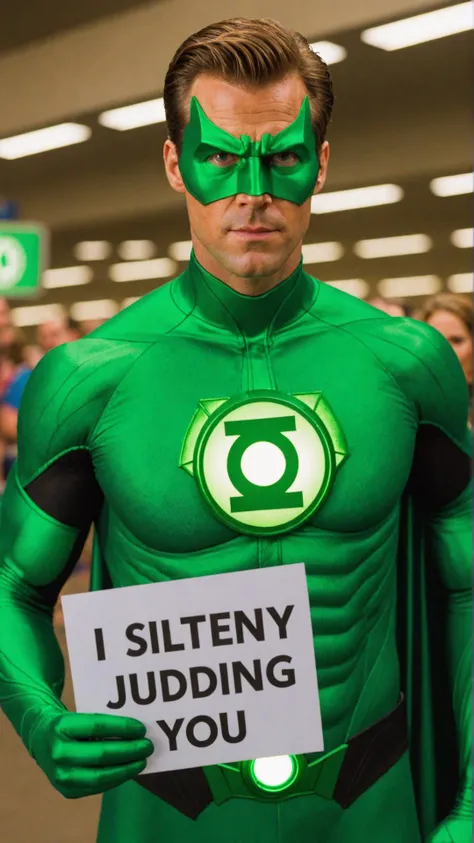 Photo of green lantern with sign that says "I'm silently judging you"