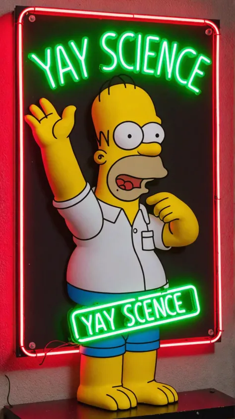 Photo of Homer Simpson with neon sign that says "yay science"