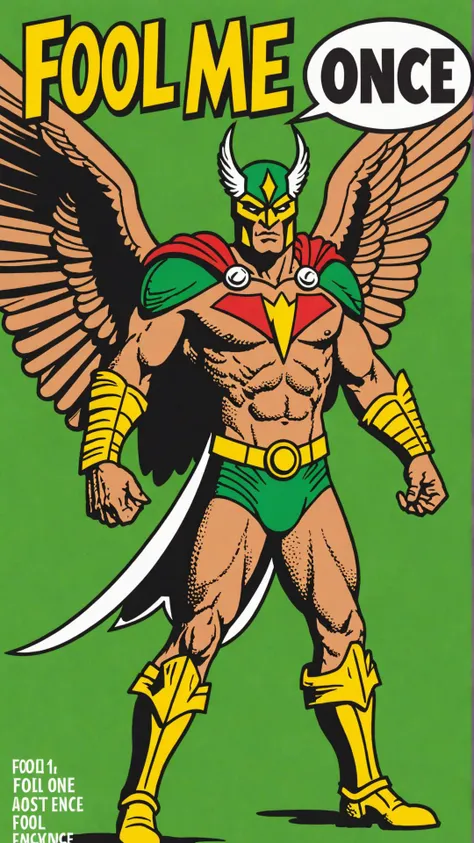 Photo of hawkman with text bubble that says "fool me once"