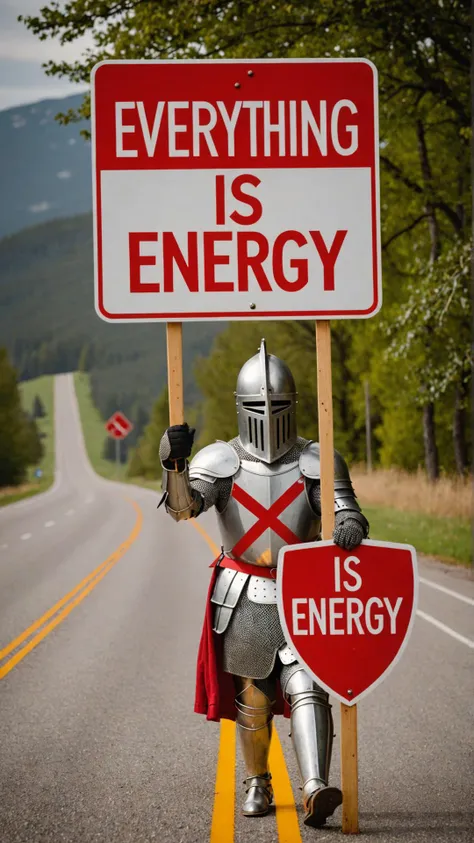 Photo of Knight with road sign that says "everything is energy"