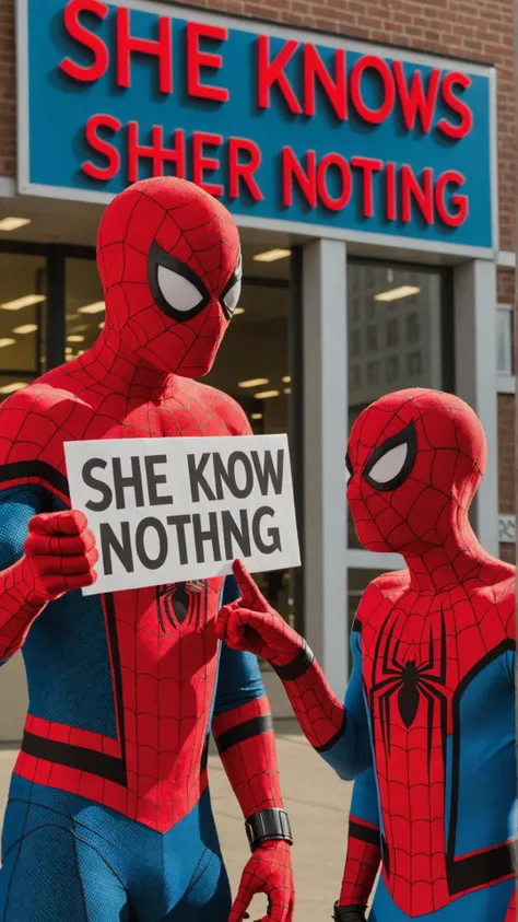 Photo of Spider-Man Pointing at Spider-Man with sign that says "she knows nothing"