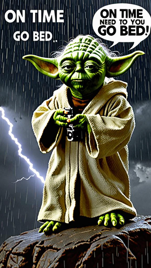 best quality, masterpiece, Photo of Yoda in thunderstorm with text bubble that says "On time go to bed you need to"