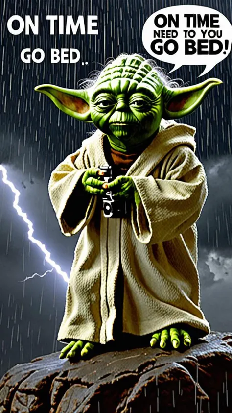 best quality, masterpiece, Photo of Yoda in thunderstorm with text bubble that says "On time go to bed you need to" 