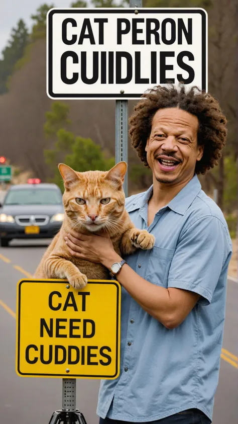 Photo of Eric Andre shooting meme with road sign that says "Cat person need cuddles"