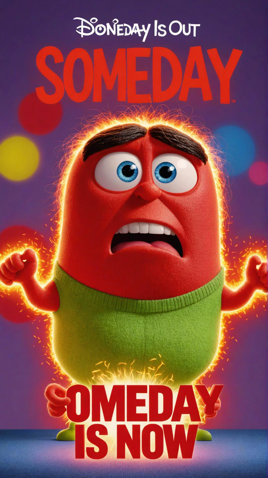 Photo of Anger from Inside Out with glowing text that says  ("someday is now":1.1)