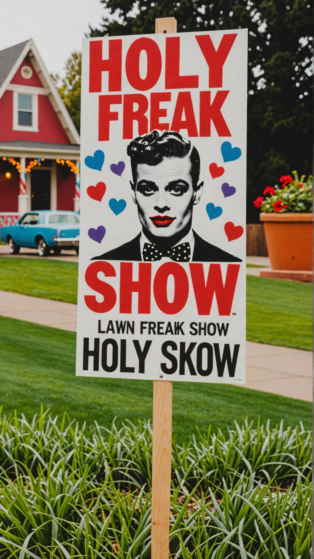 Photo of Eros with lawn signs that says "holy freak show"