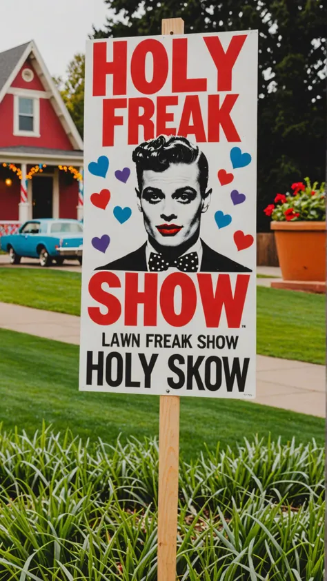 Photo of Eros with lawn signs that says  "holy freak show"