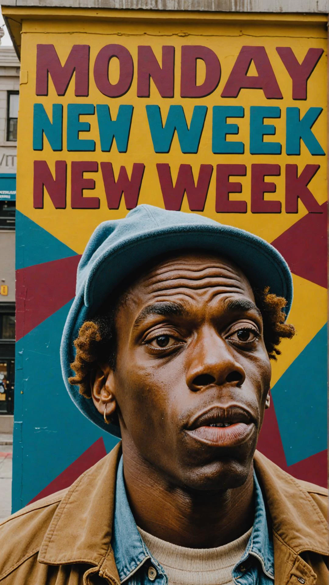 Photo of Tyrone Biggums with murals that says "monday: new week"
