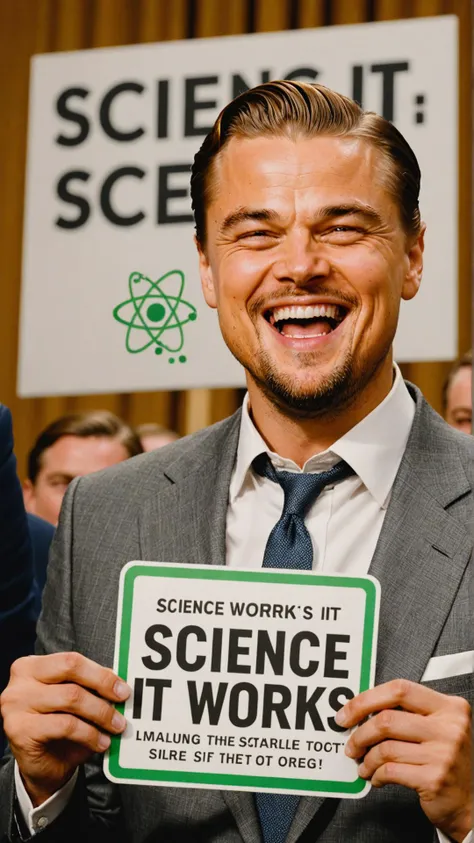 Photo of Laughing Leonardo DiCaprio with sign that says "science it works"