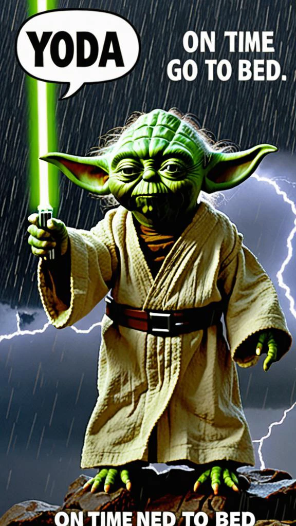 best quality, masterpiece, Photo of Yoda in thunderstorm with text bubble that says "On time go to bed you need to"