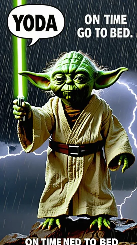 best quality, masterpiece, Photo of Yoda in thunderstorm with text bubble that says "On time go to bed you need to" 