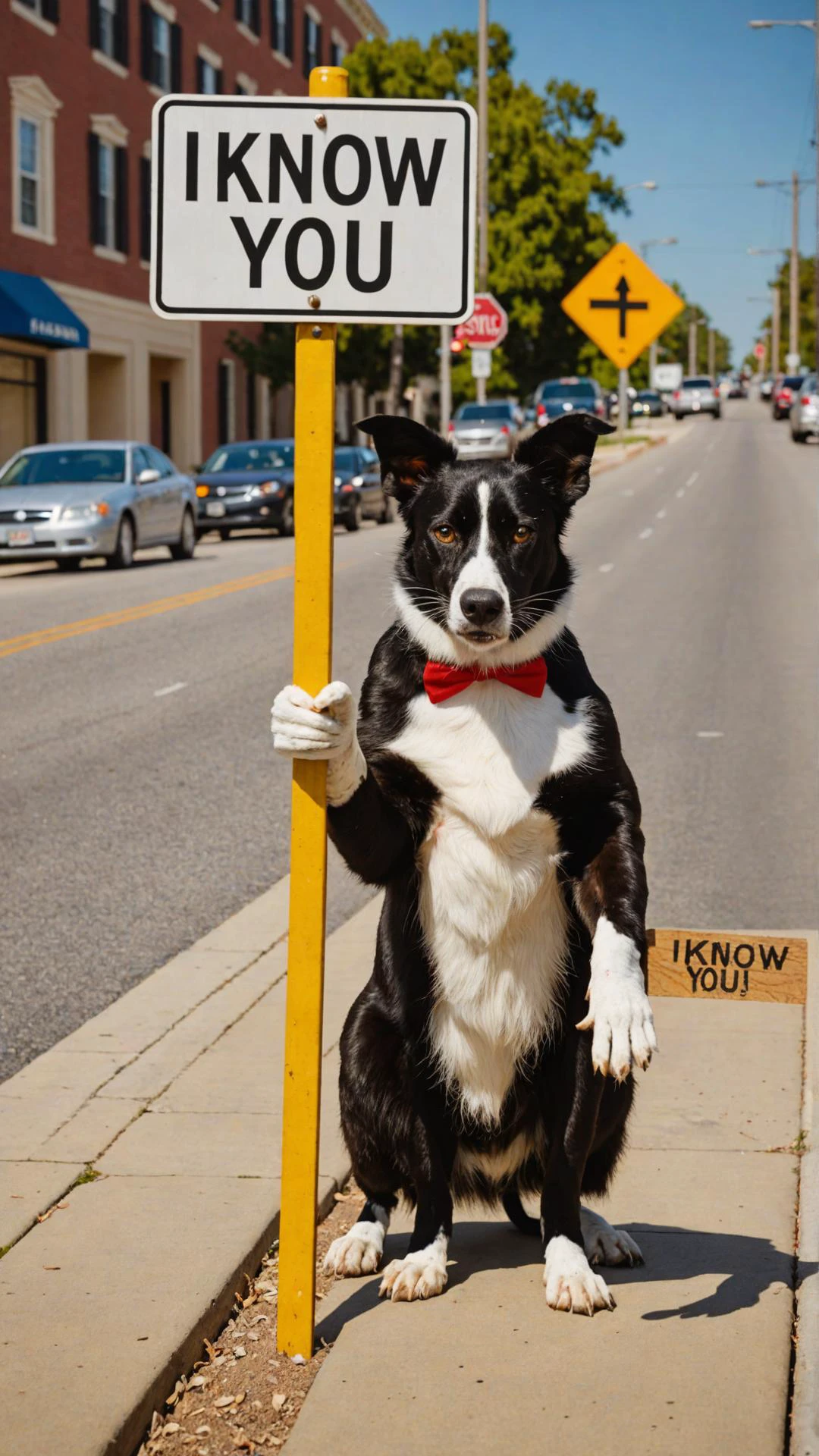 Photo of Sylvester with street sign that says "i know you"
