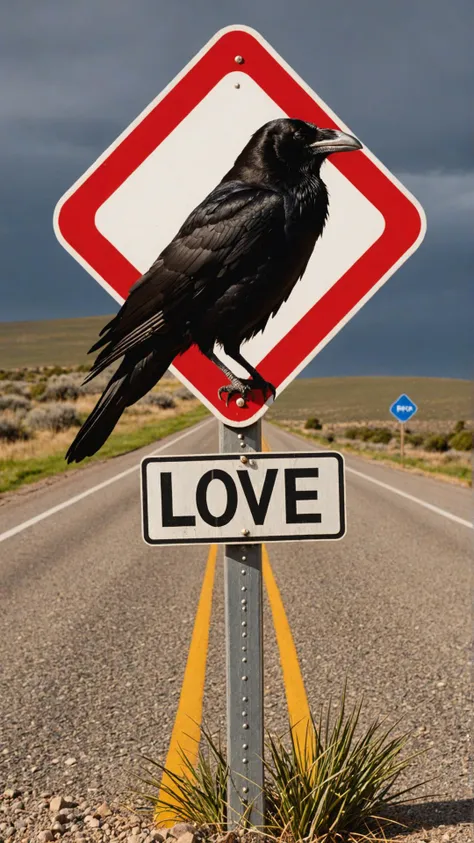 Photo of raven with road sign that says "love sustains life"