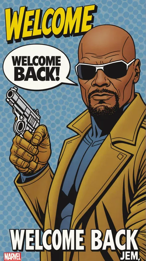 Photo of nick fury with text bubble that says "welcome back jem"