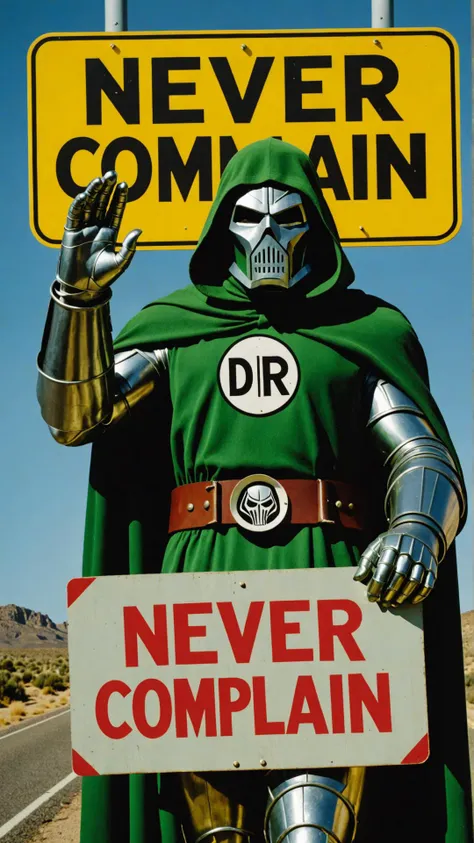 Photo of Dr. Doom with road sign that says "never complain"