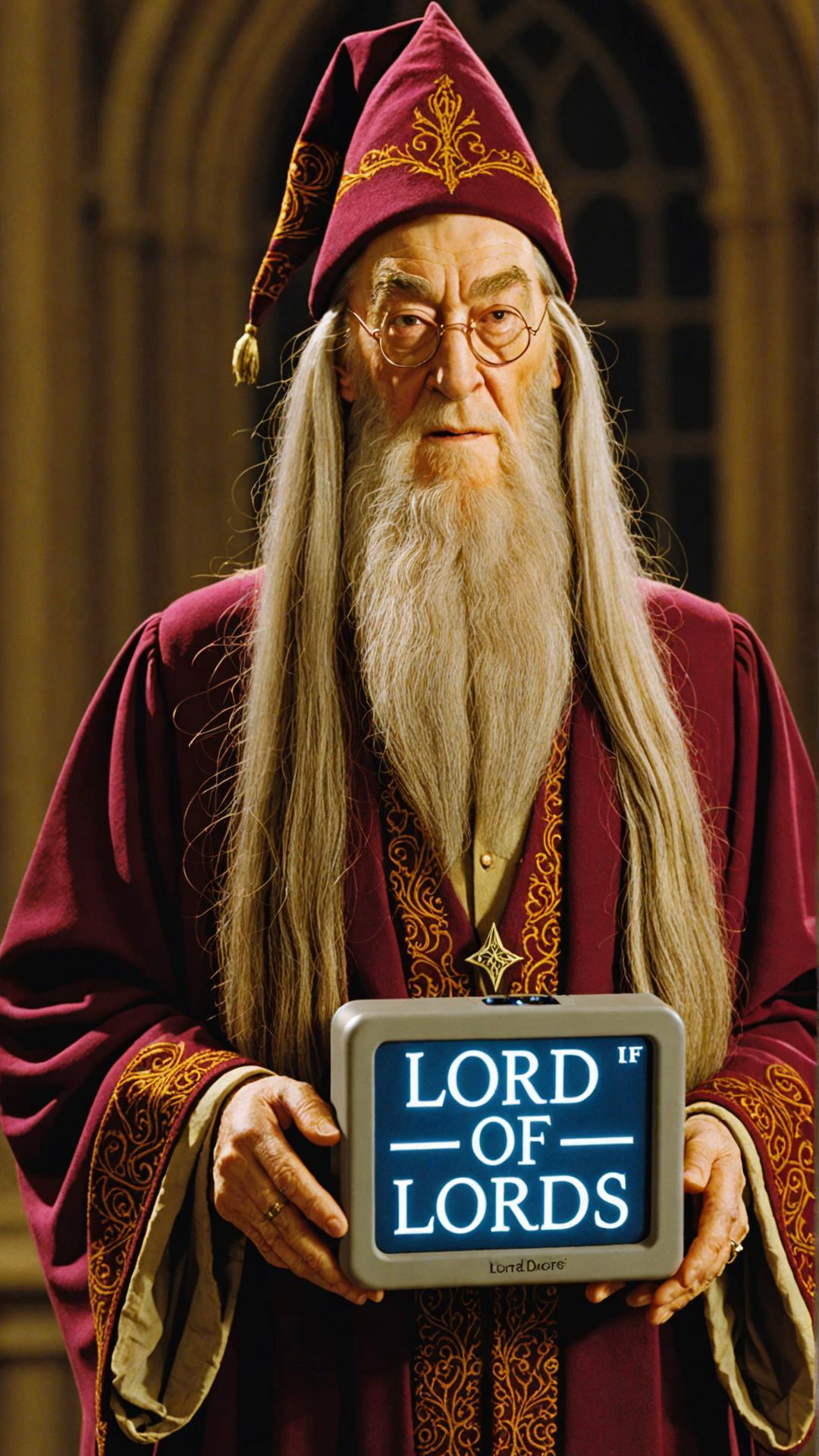 Photo of Albus Dumbledore with electronic display that says "lord of lords"