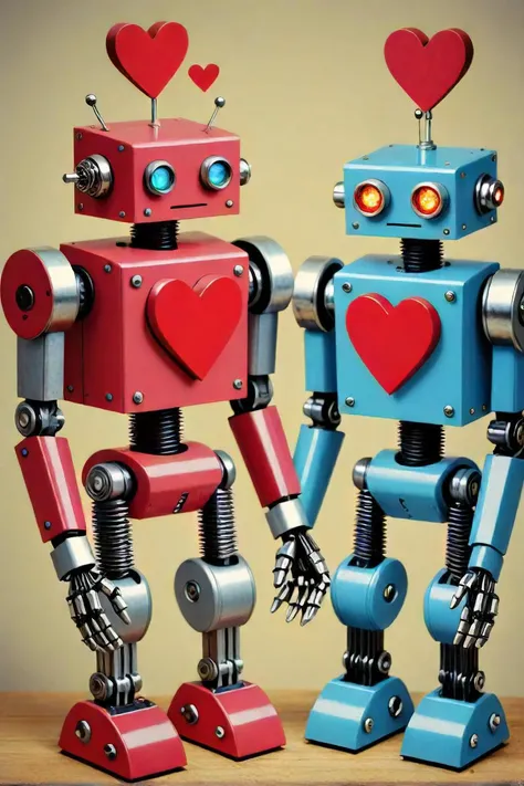 there are two robots that are standing next to each other, robot, humanoid robot, love death robot, robots, beautiful robot character design, vintage robotics, robot cyborgs, delightful friendly robot, elaborate epic robot, connected to heart machines, robot wooden, robot's heart shaped fingers, robotic feeling, small robots