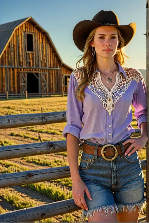 in the vast expanse of the american frontier, under the clear blue sky, a 24 year old adult woman stands confidently against the backdrop of an old, weathered barn. the golden sun casts long shadows across the wooden slats, hinting at the time of day. she is adorned in a lavender crocheted blouse, its lace pattern reminiscent of intricate spider webs. the blouse contrasts beautifully with her distressed denim shorts and cowboy boots, evoking a sense of western style. a large belt buckle encircles her waist, catching the sunlight as it swings gently with her movements. a delicate pendant necklace peeks out from beneath her shirt, its subtle glow adding a touch of elegance to her ensemble. her hand rests casually on her hip, fingers adorned with rings that glint in the light. the scene captures a moment frozen in time, where the past meets the present in the heart of the american frontier.