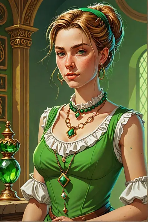 (character art stylized by thomas nast:1.0) and (christian griepenkerl:0.9) and (ward kimball:0.8) , masterwork detailed, a woman wearing a white and green top with a necklace, a photo by ella guru, instagram, renaissance, sleeveless tops, fancy top, top, splash art, blended visuals, pixiv, best quality