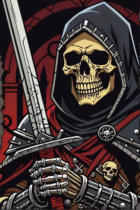 a close up of a person with a sword and a skull, darkest dungeon art style, reaper of night!!!!, dark fantasy style art, brom digital art, demon knight of death, castelvania, darkest dungeon style, art of valin mattheis, guildwar artwork, darkest dungeon, inspired by brom, reaper, dark fantasy art, skeleton knight, brom art